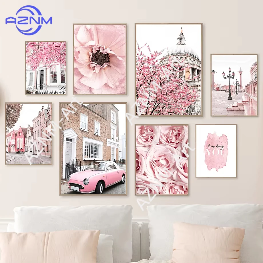 1PC ，Pink Paris Building Car Cherry Blossom Rose Wall Art Canvas Painting Nordic Landscape Posters Prints Pictures Living Room