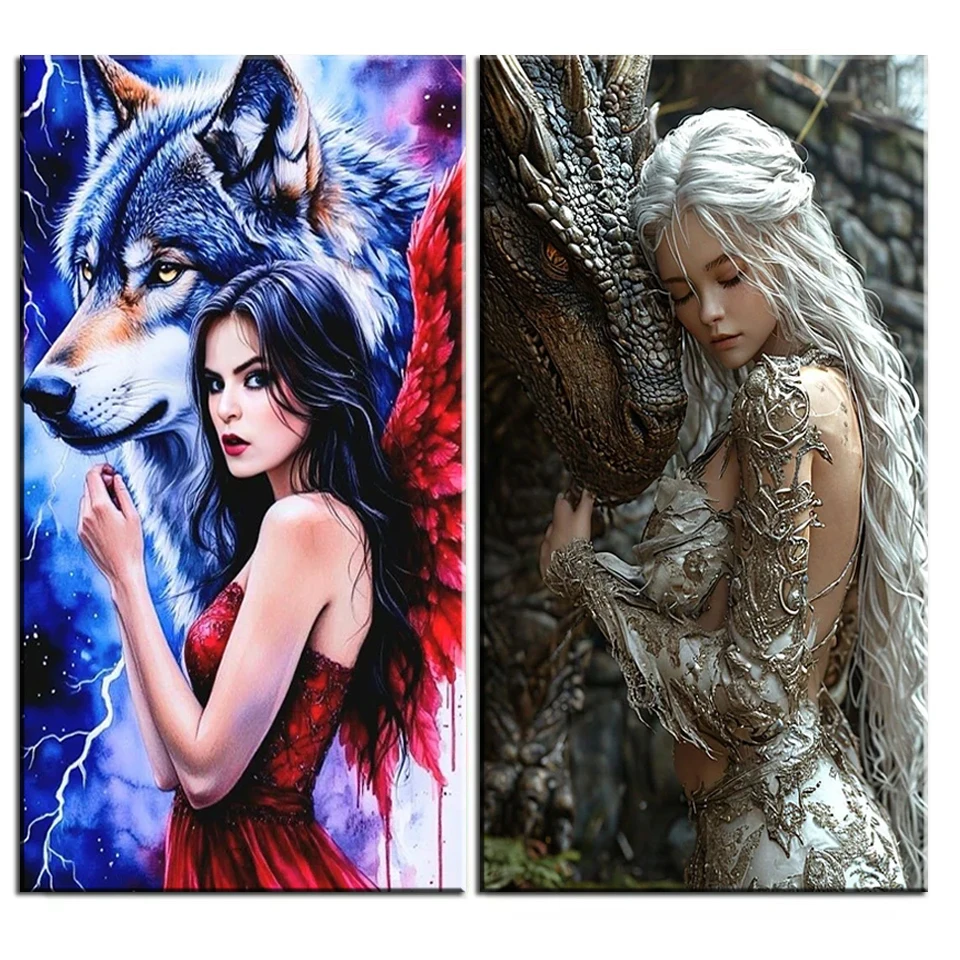 

Сюрреалистичный черный дракон и белые волосы, королева-зверь, алмазная живопись, сделай сам, полная алмазная художественная мозаика, новый 2026, большой размер для домашнего декора