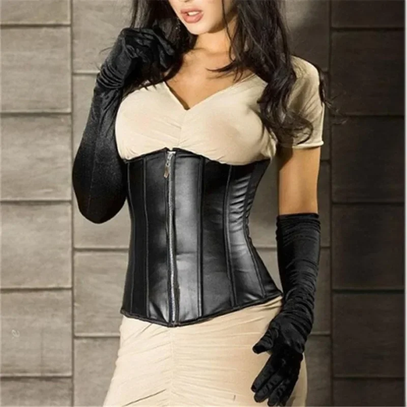 Black Corset Top for Women Gothic Faux Leather Zipper Sliming Underbust Bustier Waist Cincher Body Shaper Belt