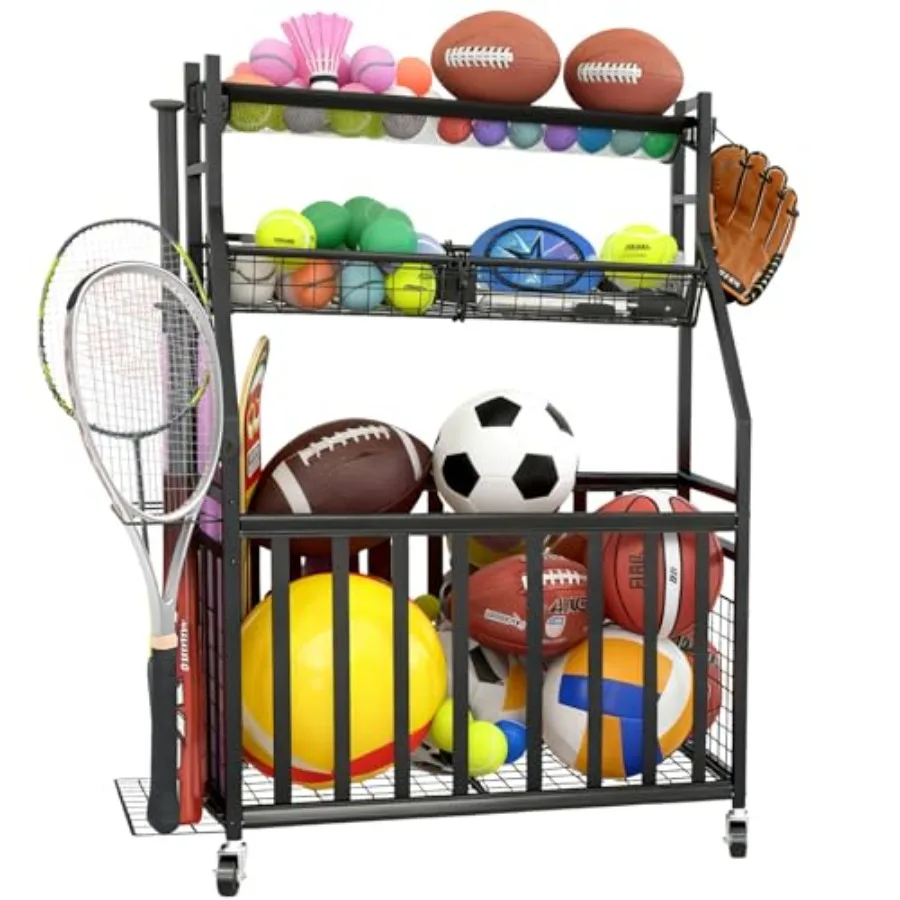 

Sports Equipment Garage Organizer with Basket Hooks and Wheels for Football Basketball Soccer Ball Bat Toys Storage Rack in Bla