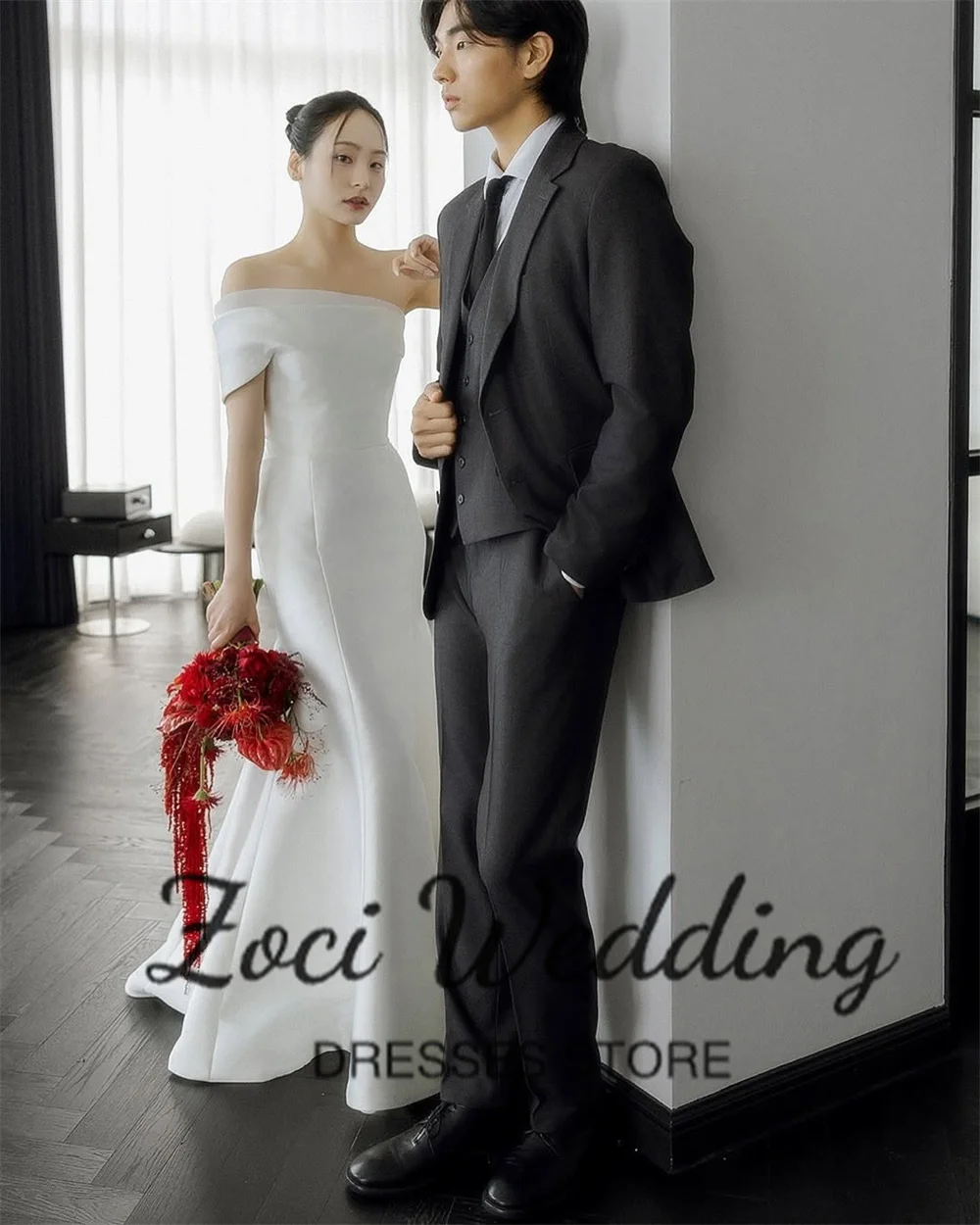 Zoci One Shoulder Satin Mermaid Wedding Dresses Korea Customized Photos Shoot Corset Floor-Length Bridal Gown