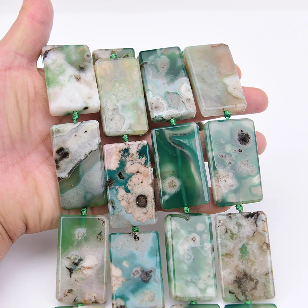 APDGG Large Size 28x47mm Natural Green Sakura Quartz Chrysanthemum Stone Rectangle Chunky Loose Pendant Beads 16'' Strand