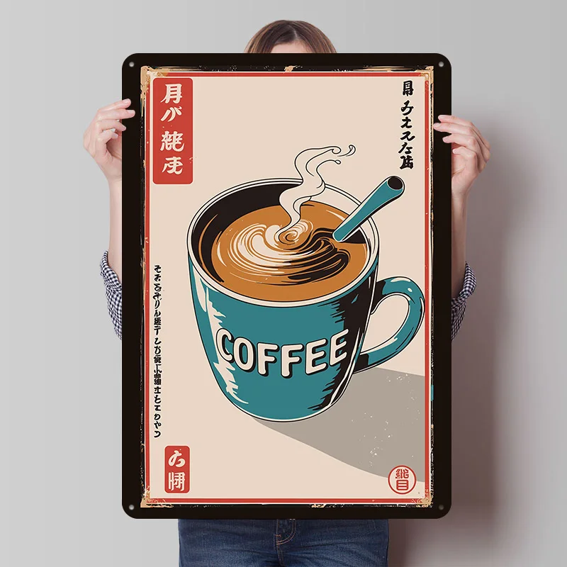 Japanischer Kaffeetassen-Blechposter, Individuelle Wandkunst, Vintage Metallschilder, Retro Blechplakette für Heim-Dekor und Wohnaccessoires