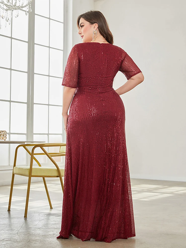 Xuibol Plus Size Luxe Floor Lengte Avondjurken 2023 Vrouwen Party Maxi Jurk Sequin Korte Mouwen Jurken Prom Cocktail Jurk