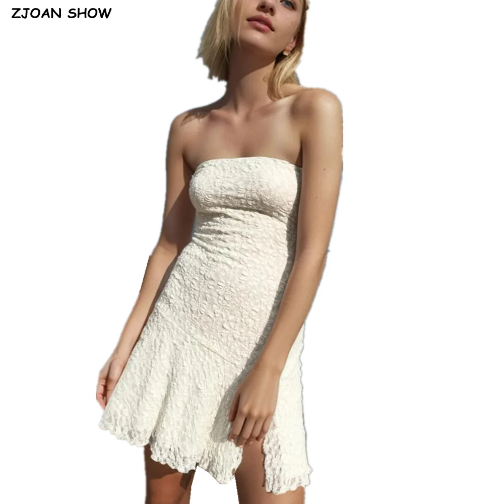 2025 مثير بيج أسود شير الجاكار الدانتيل فستان بدون حمالات المرأة الجانب سستة منخفضة الخصر شق هيم صديرية دائرية رداء قصير