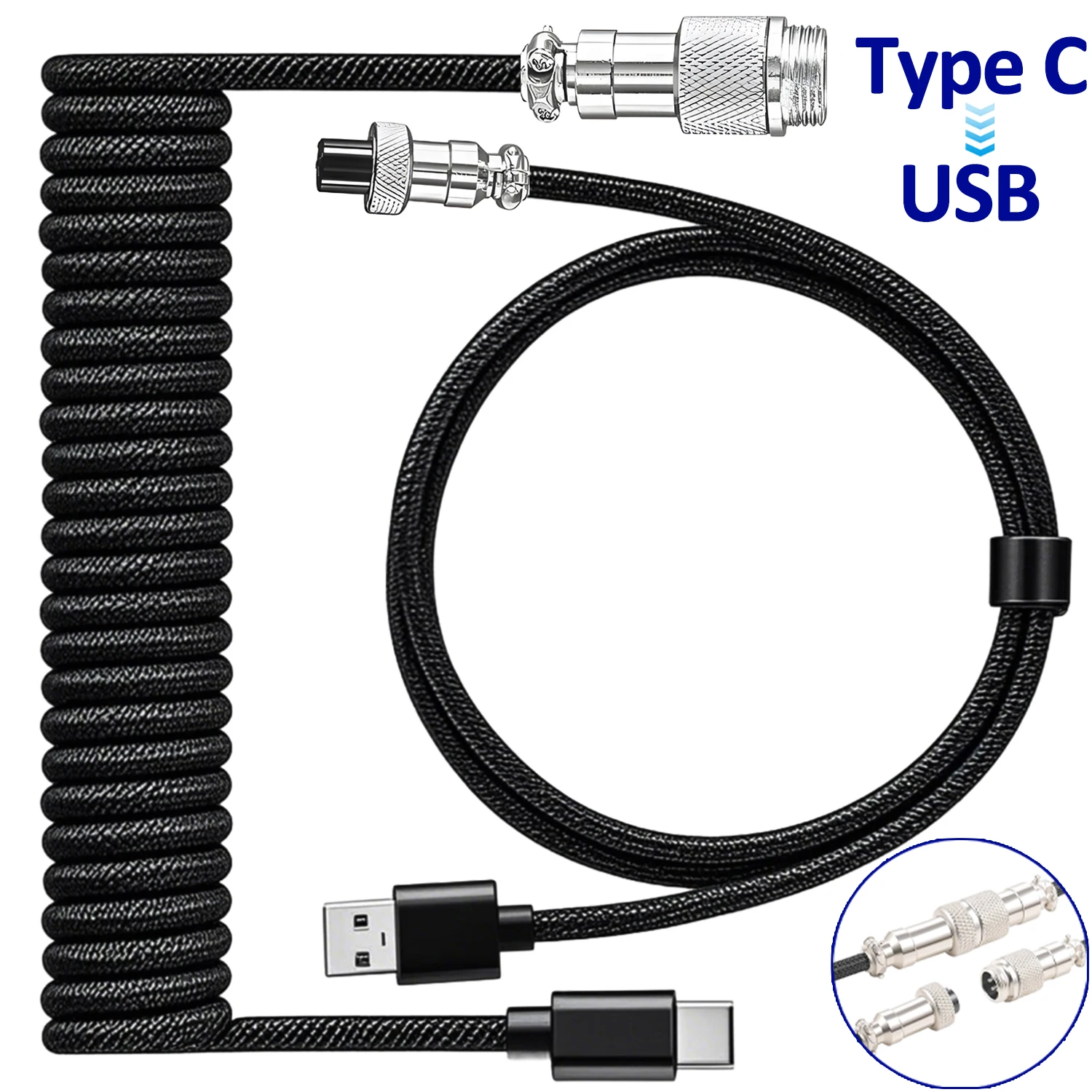 

Спиральный кабель USB C для игровой клавиатуры типа C к USB-кабелю механической клавиатуры с двумя рукавами и съемным металлическим авиатором