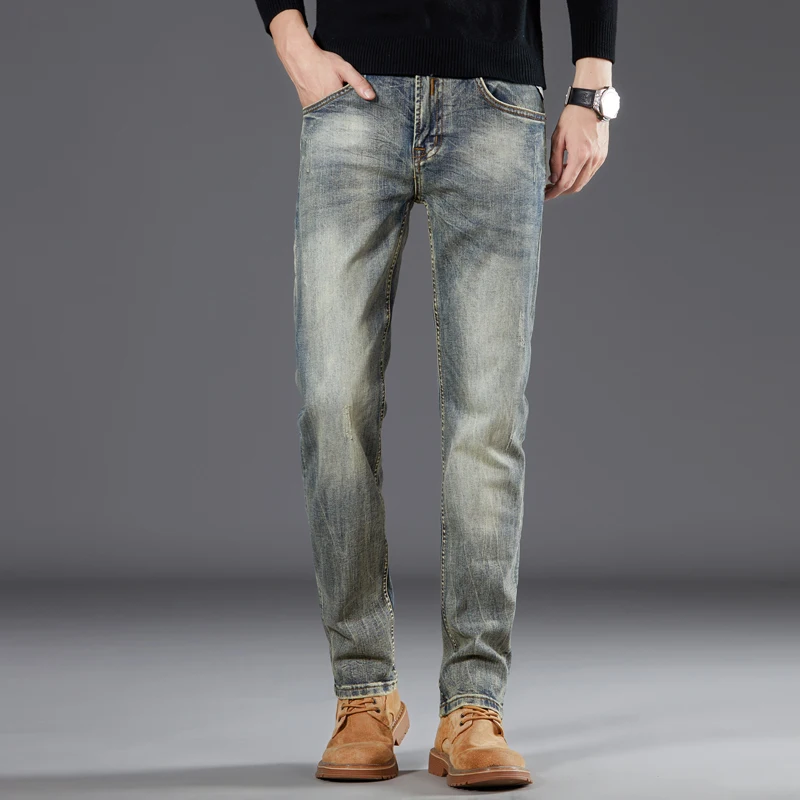 High quality retro American jeans men's 2024 spring and autumn elastic straight leg pants men's casual jeans denim men clothing