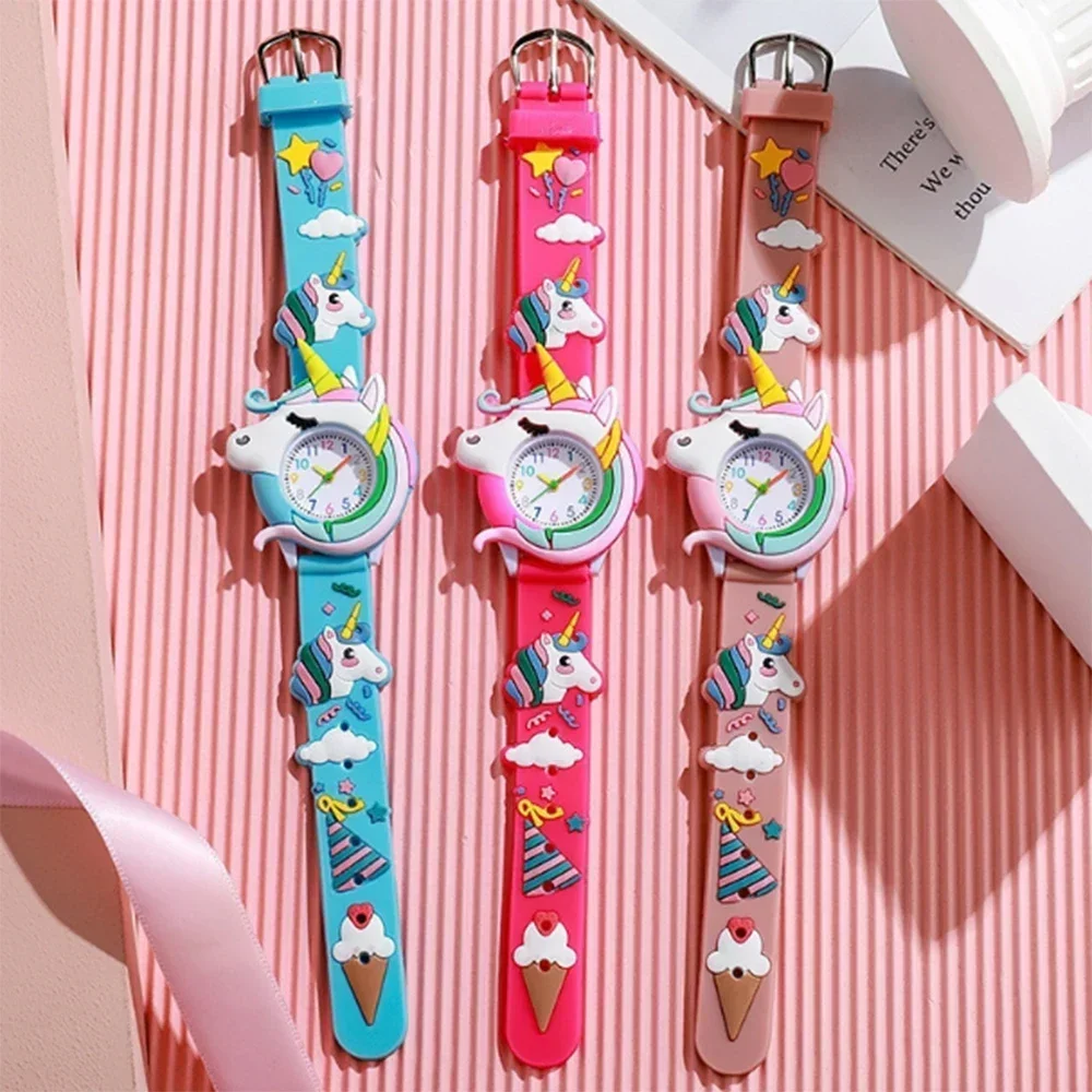 1/3pcs-New لطيف الكرتون 3D يونيكورن سيليكون حزام الأطفال ووتش الأطفال طالب ووتش
