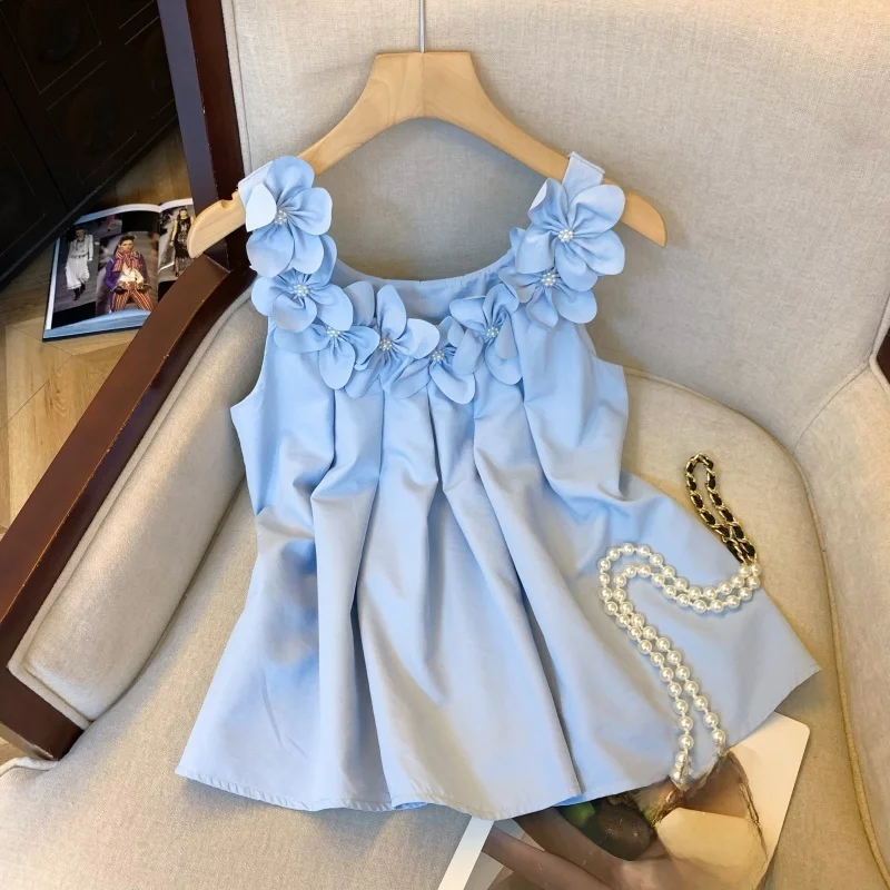 

Heavy Embellished Three-Dimensional Flower Sleeveless Shirt Women's Summer Vacation Style Design Sense Tank Top Small Shirt