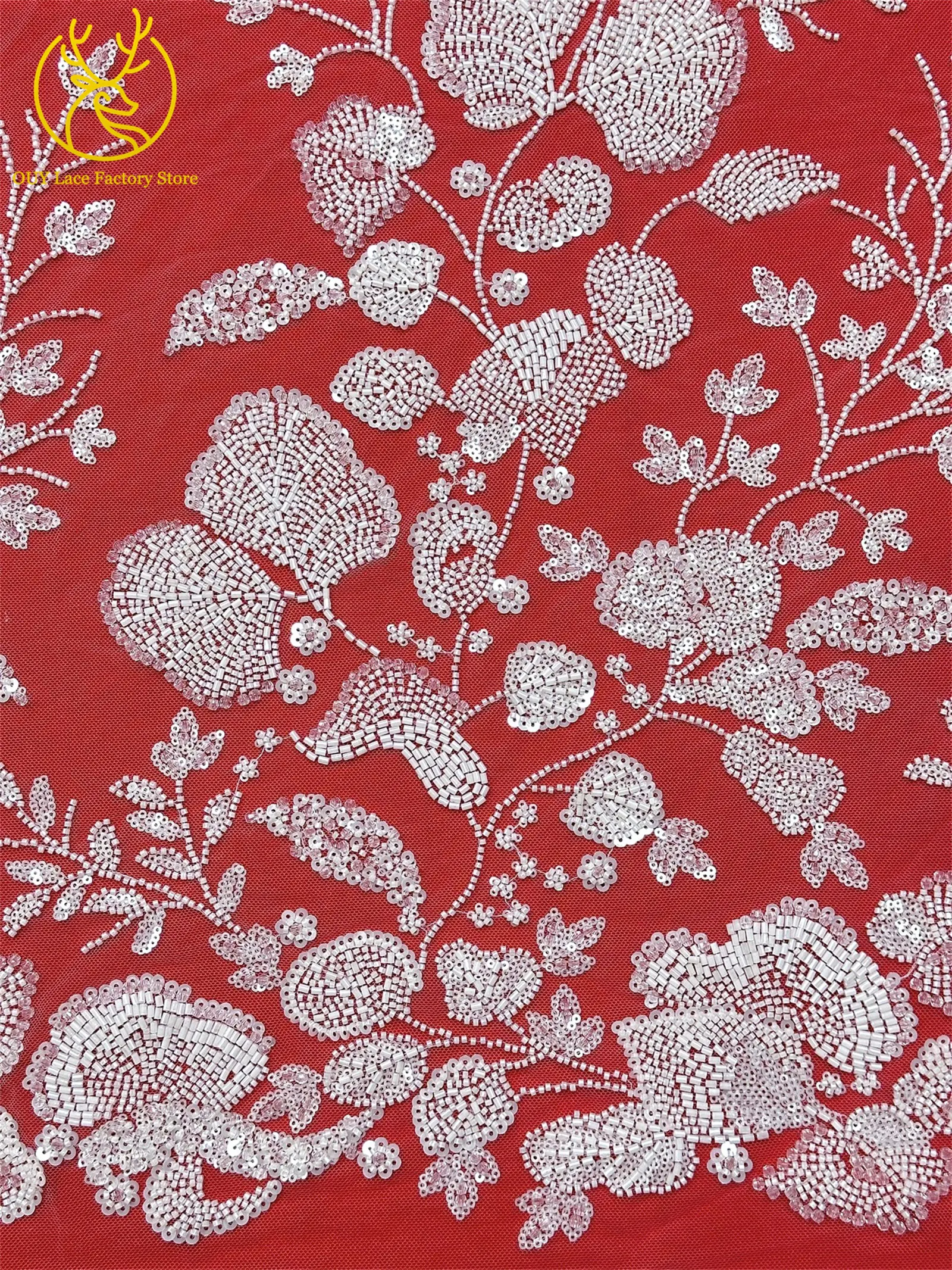 Exquisiter handgefertigter afrikanischer Spitzenstoff mit Perlen und Pailletten, 2026, modischer nigerianischer Tüll mit Blumenstickerei zum Nähen von Abendkleidern – Detail 13