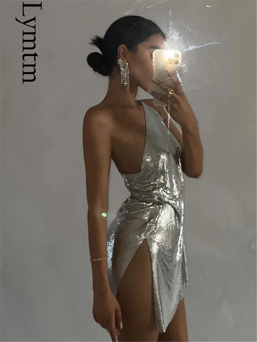 

Glitter Metallic Sequins Mini Dress Sexy Backless Single Shoulder Side Split Dress For Women Rave Festival Party Evening Dresses