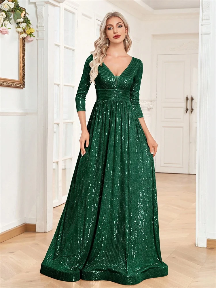 

Luxury V Neck Long Sleeves Green Sequins Formal Evening Dress Women 2025 Wedding Party Prom Maxi Cocktail Dress Gowns