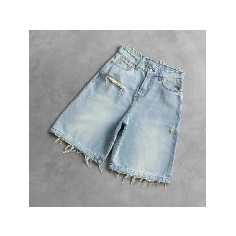 

Washed Ripped Short Jeans Man Hole Embroidery Wide Leg American Retro Jorts Baggy Casual Streetwear Summer