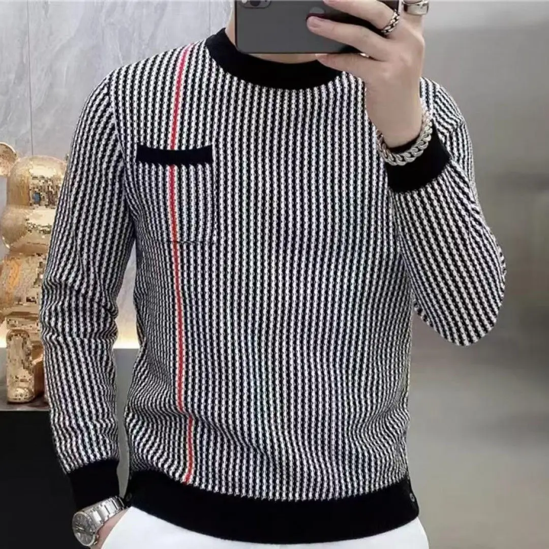 

Универсальный мужской вязаный свитер с длинным рукавом и круглым вырезом из волокна Coolmax, полиэстер, повседневная одежда, тонкая внутренняя одежда стандартного кроя