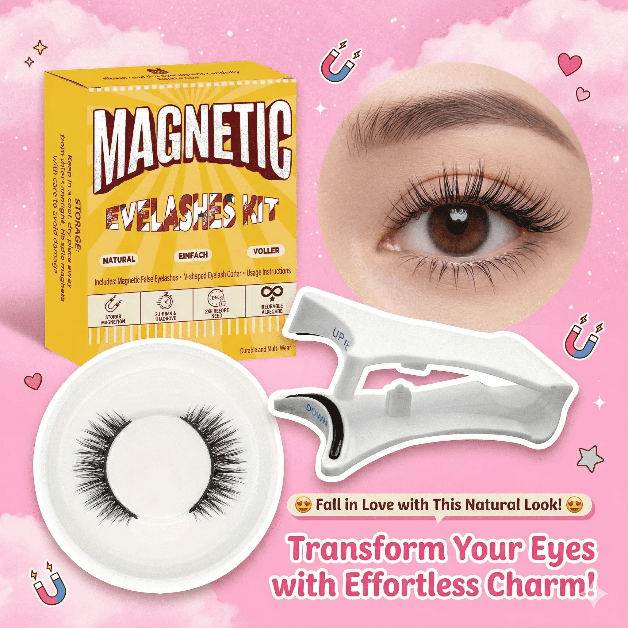 Magnetische Wimpern Selbstklebend Klebefrei 1 Paar mit 1 Wimpernapplikator Natürlicher Stil Wiederverwendbare Wimpern