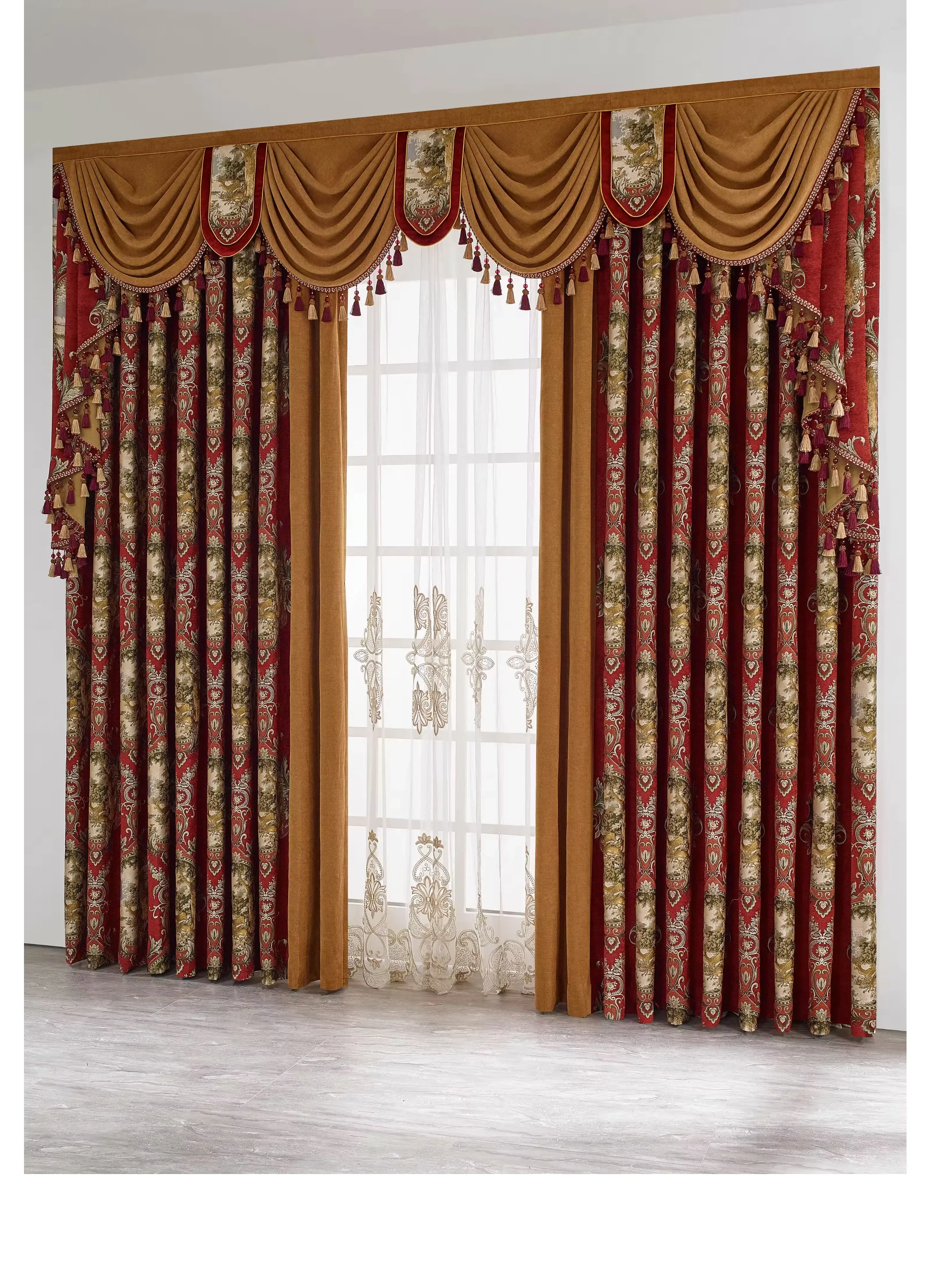Customized Luxurious Red Screen Jacquard Chenille Thickened Splicing Curtains for Living Room Bedroom French Window Balcony