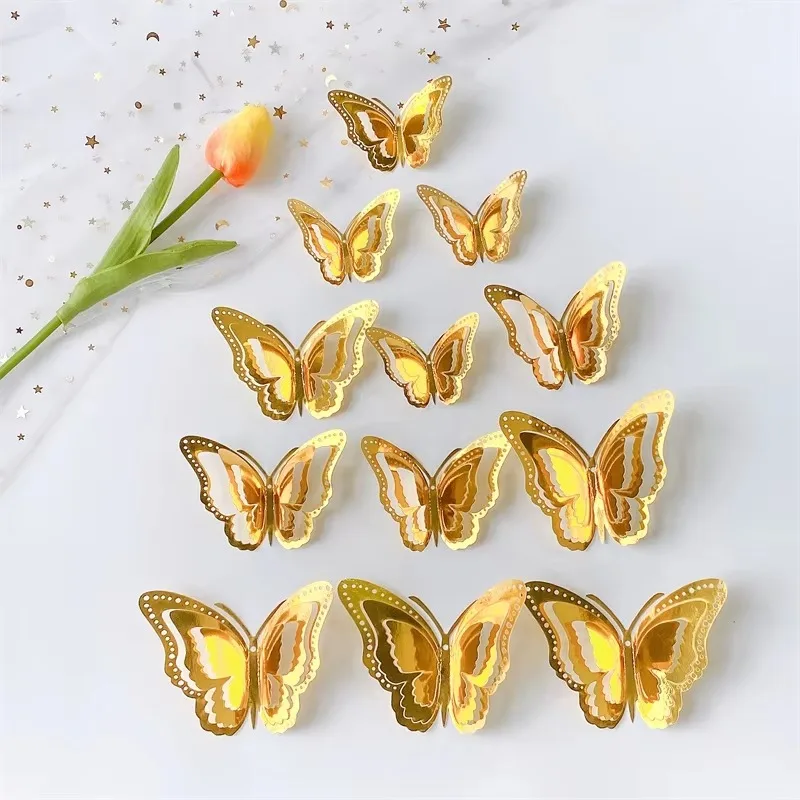 

New 3D Hollow Layered Butterfly Wall Sticker Gold Decorative Butterfly for Home Decor Fridge DIY Party Wedding Sticker