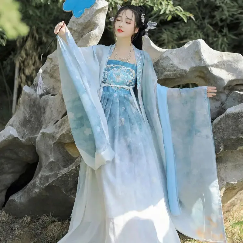 خمر Hanfu المرأة الصينية التقليدية مرحلة فستان رقص الإناث الجنية تأثيري حلي Hanfu مجموعة الأزرق أنيقة الأميرة وتتسابق