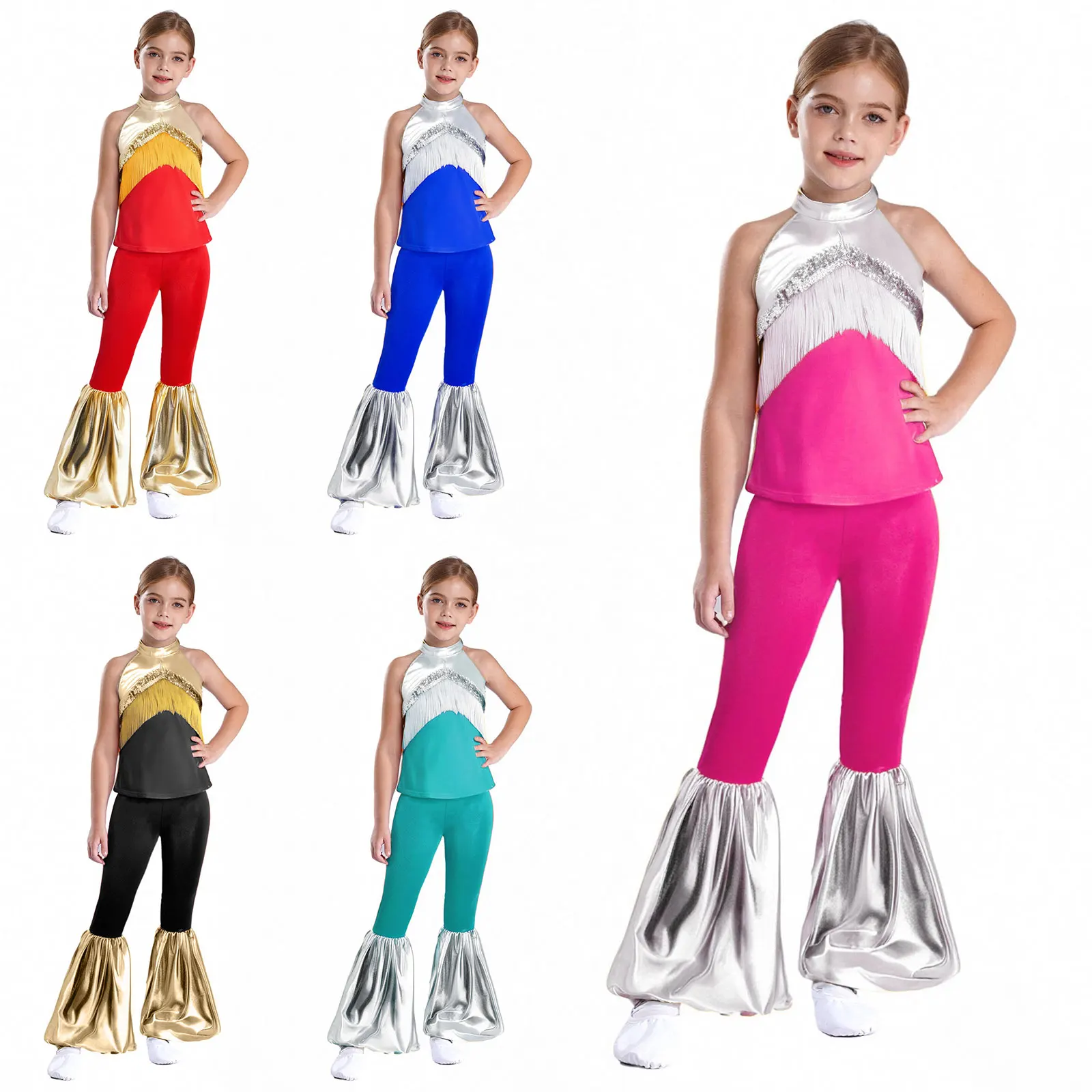 ชุดเต้นดิสโก้ยุค 70 สำหรับเด็กผู้หญิง เสื้อครอปท็อปประดับเลื่อมและพู่โลหะ + กางเกงขาบานทรงระฆัง ชุดเต้นแจ๊สสำหรับงานฮาโลวีนและงานคาร์นิวัล
