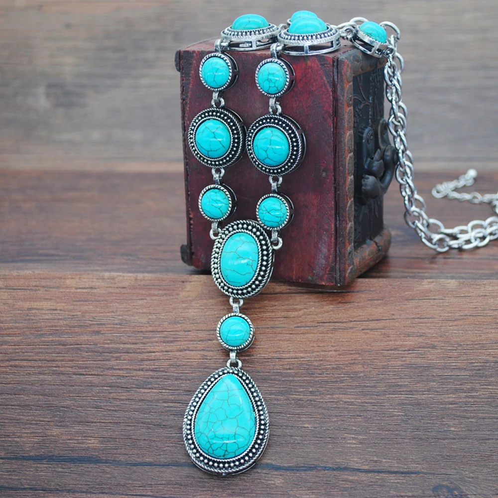 Turquoise Necklace Water Drop Shaped Blue Stone Pendant Women Vintage Tibetan Silver Setting Black Stones Jewelry Gift