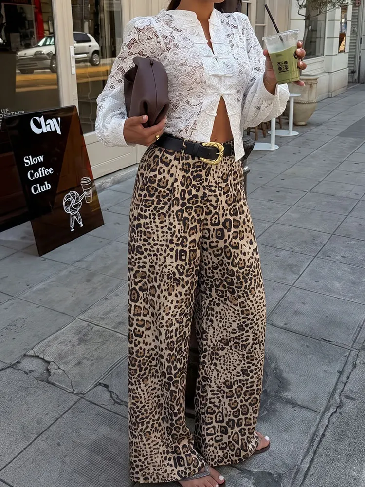 HH Damen Leoparden-Hose mit weitem Bein, hoher Taille, schwarzem Gürtel, High-Street-Stil, lässig, Sommer, Urlaub, Mode, Party, Reißverschluss, lockere Passform