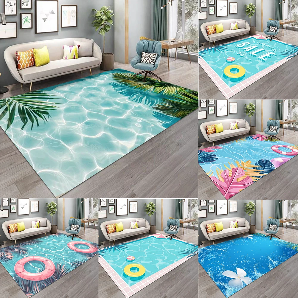 Carpet With Swimming Pool Water Pattern Tropical Palm Leaf Float Ring Flower Designs NonSlip Rug For Living Room Decor