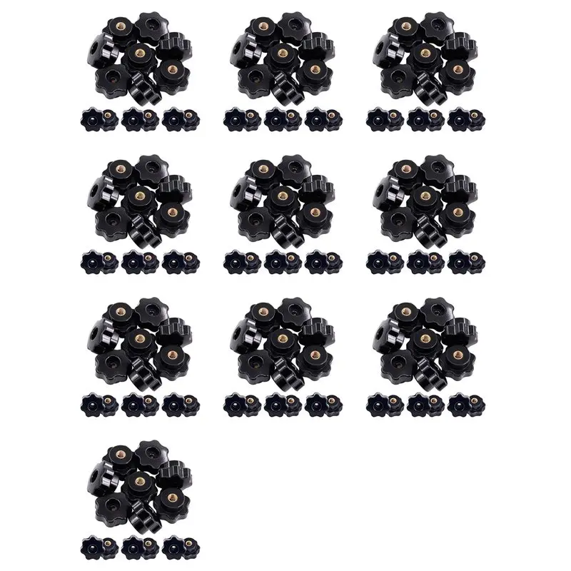 ABUG-150Pcs M6 Star Knob Clamping Handle Nut Through Hole Set Brass Female Threaded Handle Screw On Knob Grip Black Plastic