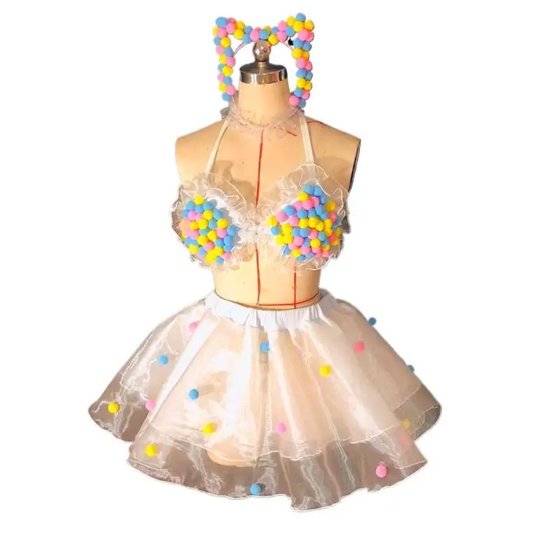 Lovely Candy Balls Bikini Sexy Bra Shorts Mini Skirt Set Nightclub Bar DJ Lady Singer Costume Dance Team Performance Stage Wear