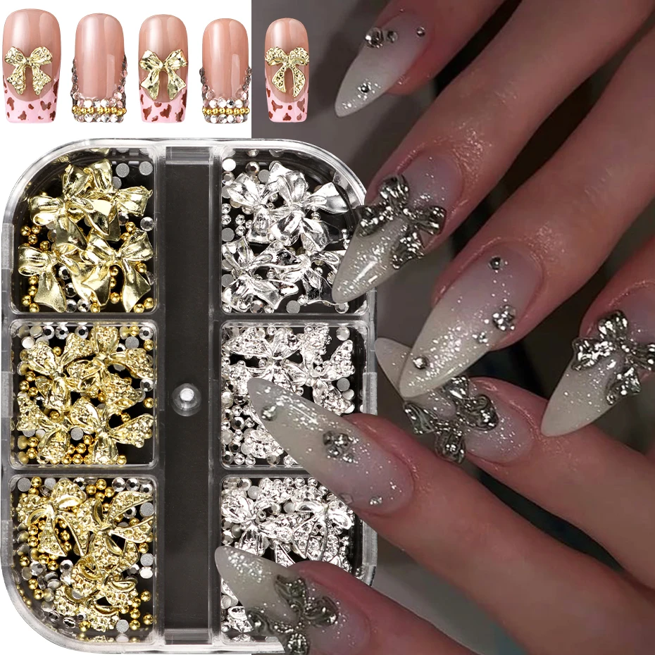 6-Gürtel, goldene, silbrige Metallschleife, Knoten und Stern, Nageldekoration, niedliche Schleife, Punk-Stern mit kleinem Stahlkugel-Design, DIY-Nageldekoration – Detail 4