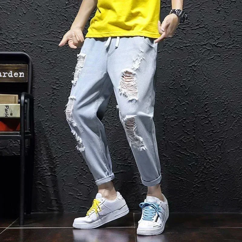 Loose Male Cowboy Pants Cropped Trousers Ripped Broken with Holes Men\'s Jeans Baggy Torn Japanese Street Style Korean 2024 Trend