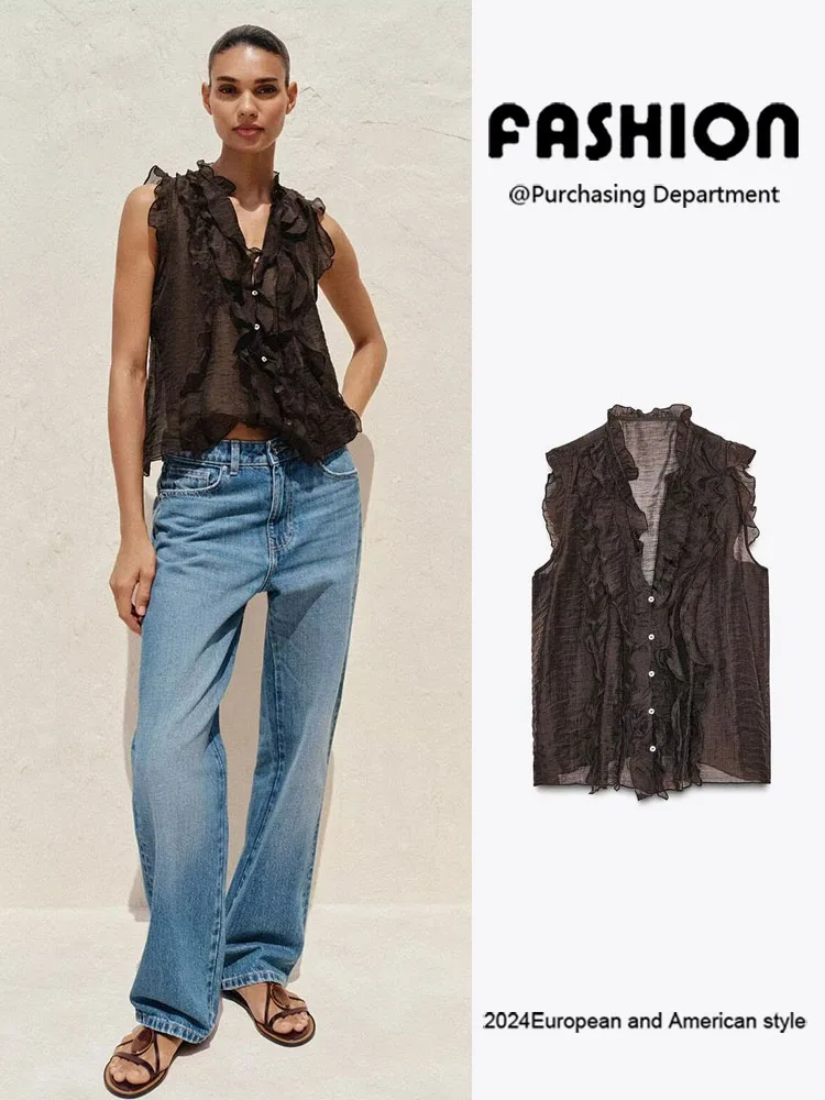 

New Summer Women's Svel Semi-Transparent Layered Decorative Top Versatile Faionable Ethnic Stage Costume 502958 727