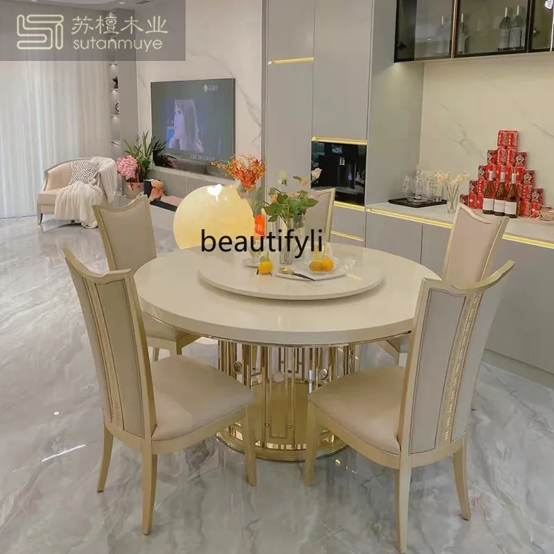 

Light luxury French solid wood dining table and chair combination metal household round table American restaurant dining table