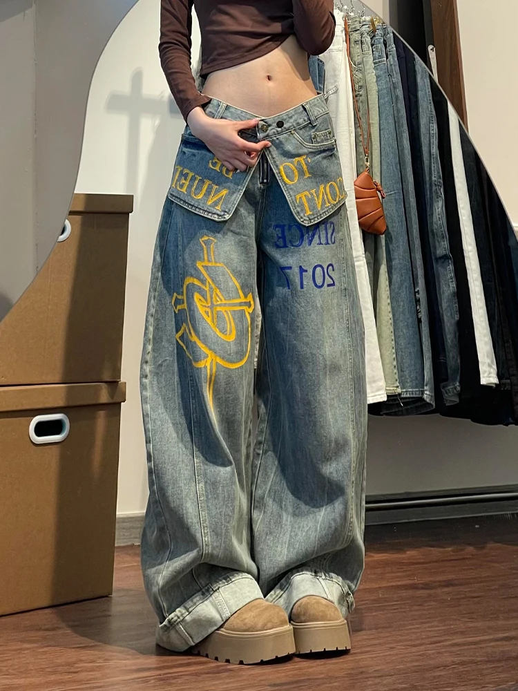 

American Style Spicy Girl Design Sense Patchwork Overalls Women's Fake Two-Piece Letter Print Floor-Length Knife-Shape Pants ...