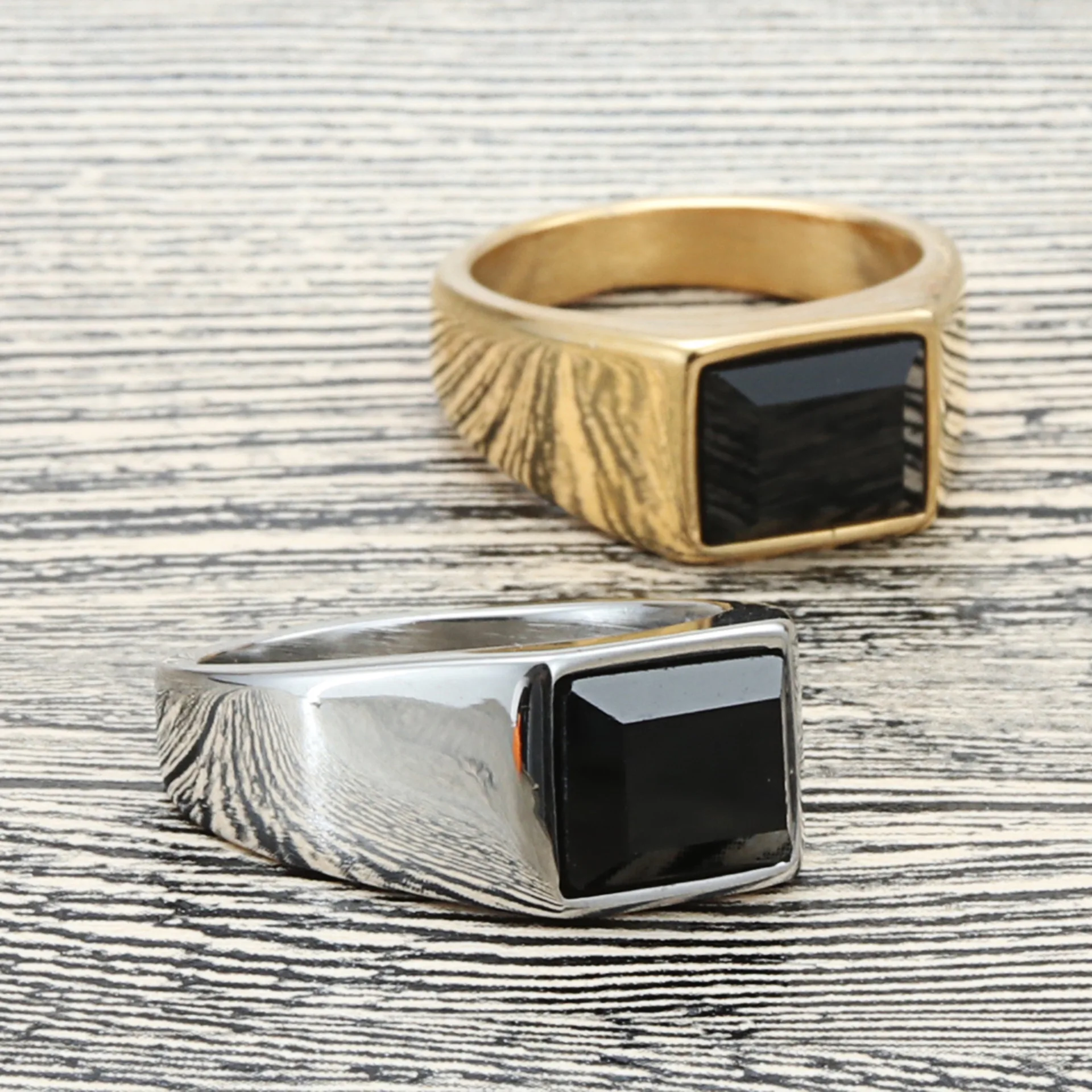 Wholesale Men's Gold Plated Elegant Simple Style CZ Agate Ring Black Zirconium Polygon Fashion Jewelry Men Finger Ring