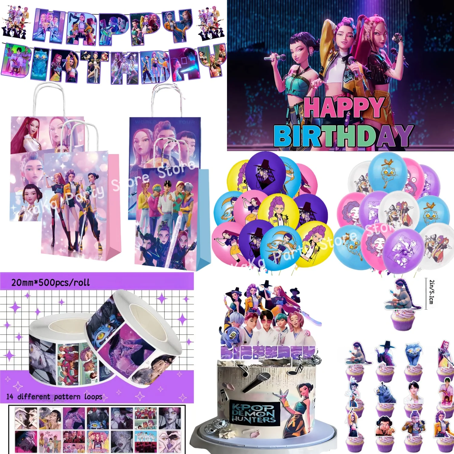 Kpop Hunter Decoración de cumpleaños Kpop Demon Hunters Bolsas de cumpleaños Banner Anime Pegatinas K Pop Demon Hunters kit Favores de fiesta
