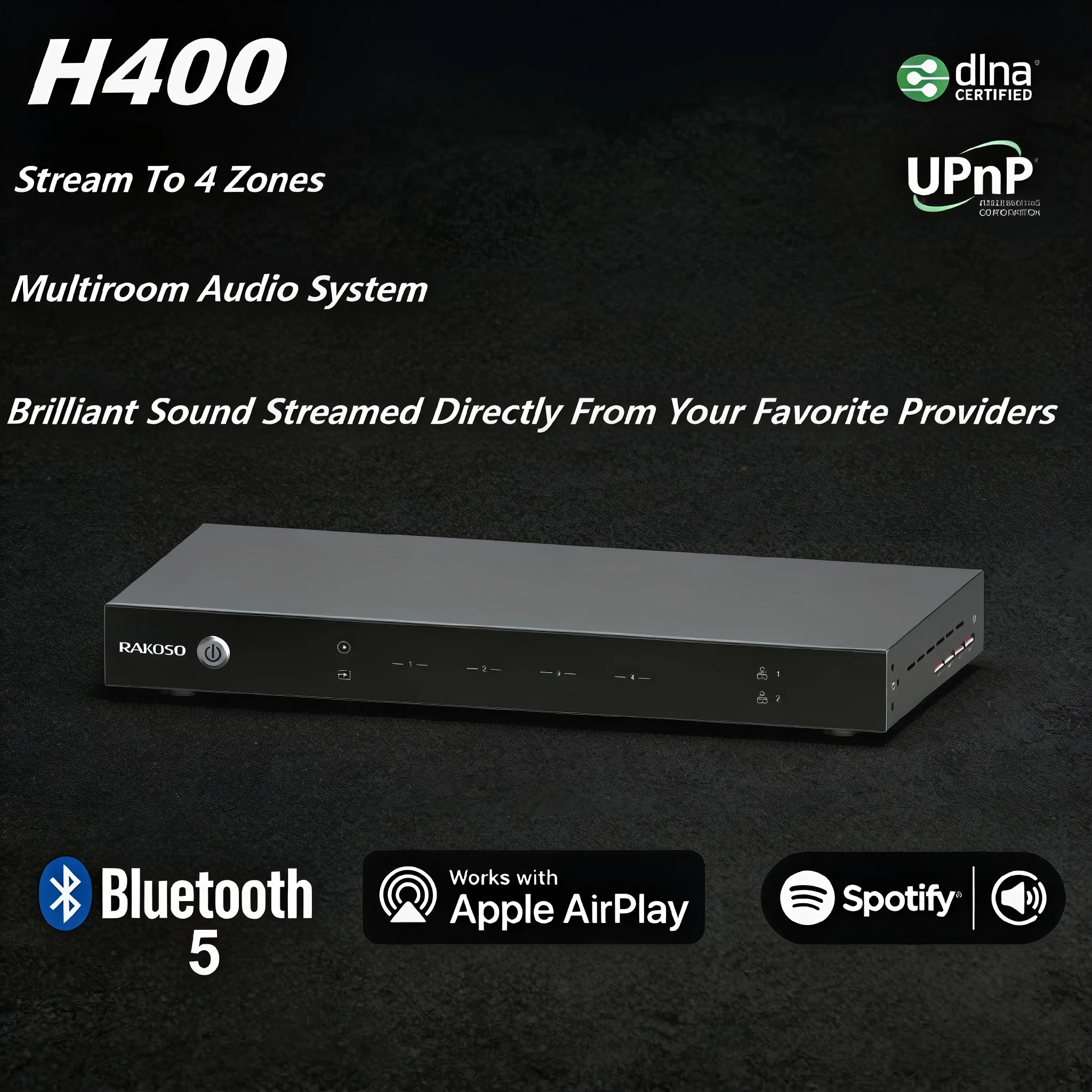 RAKOSO H400 4-Zone Wireless Pre-amplifier: 1U Rack-mount Multi-room Audio Streamer