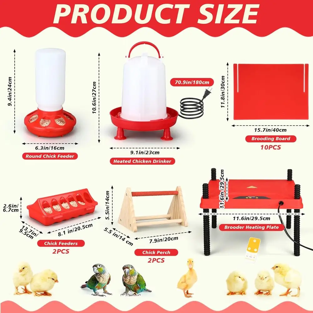 8 Pcs Chick Brooder for Starter Kit Include Heated Chicken Waterer Feeder Perch Flip Top Poultry Feeder Heating Plate Brooding B