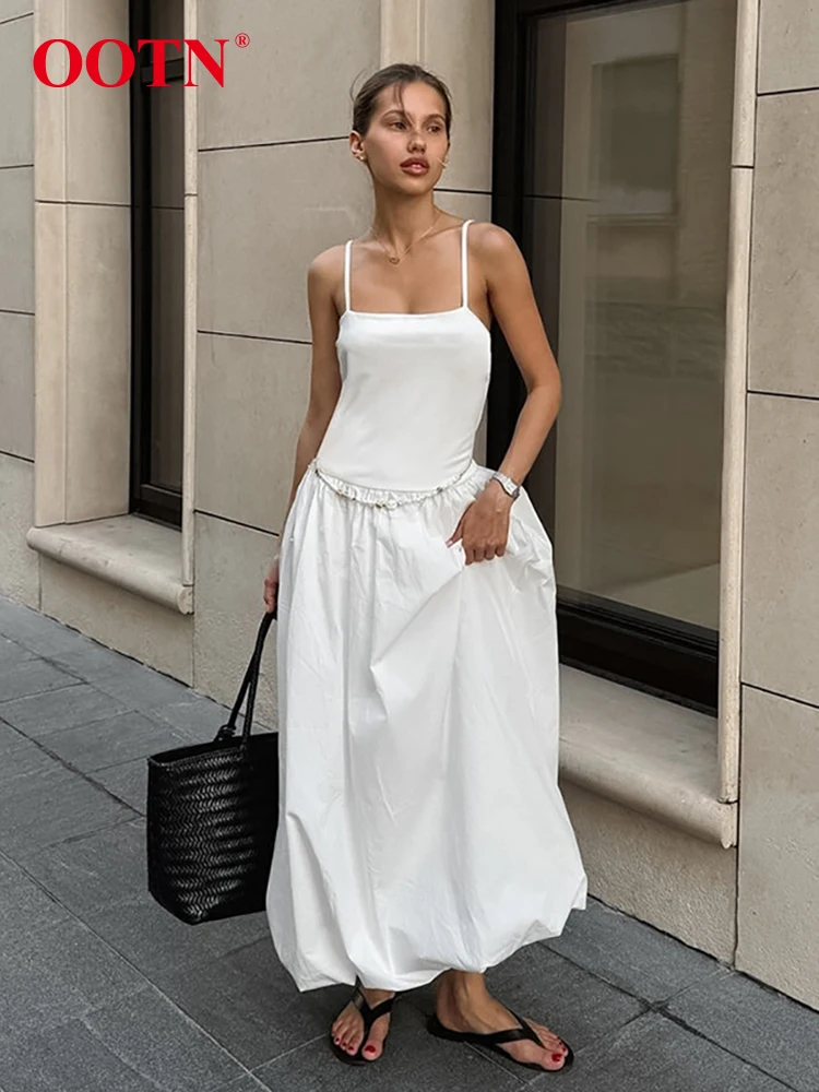 

OOTN White Inner Sling Prom Evening Spaghetti Strap Dress Sleeveless Women Party A-Line Long Dress 2024 Midi Dress Ladies Casual