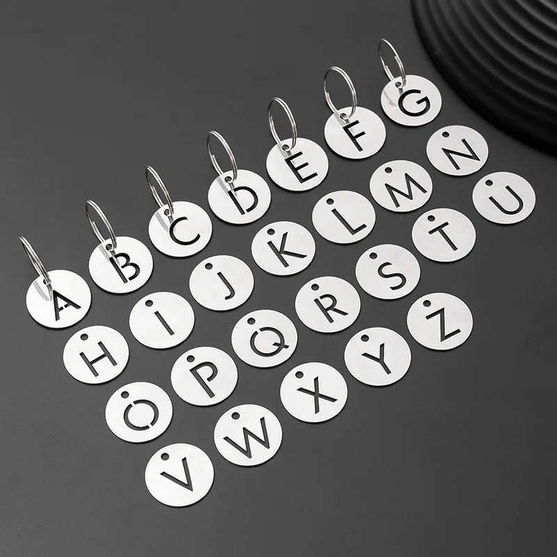 104pcs 23mm Stainless Steel Letter Plate Pendants Round A-Z Initials Name Alphabet Suitcase Identifiers Hanging Key Label Tags