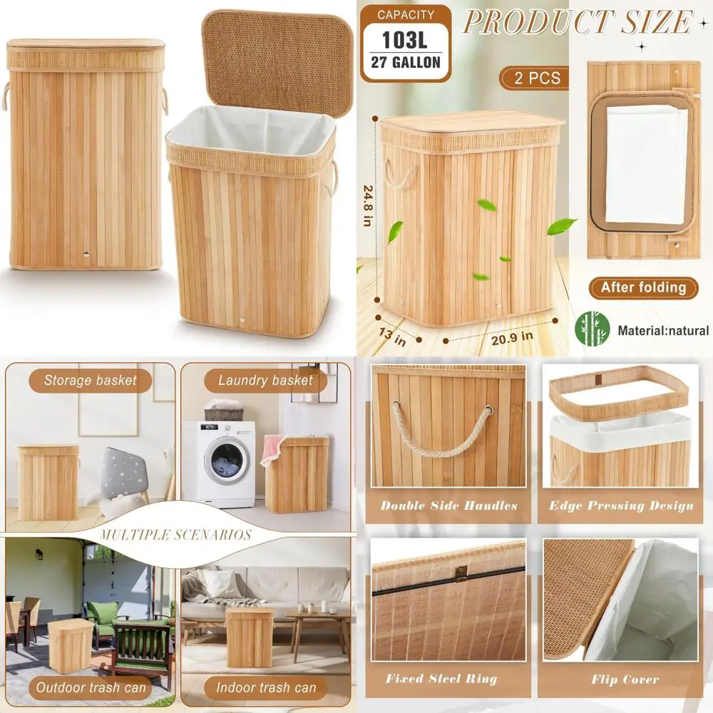 

Large Foldable Bamboo Trash Can - 27 Gallon Slim Rectangular Waste Basket for Bathroom and Bedroom Use