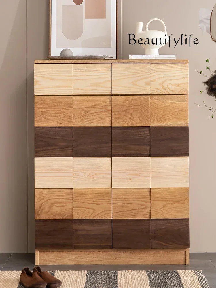Japanese Style Plaid Solid Wood Shoe Cabinet Living Room Entrance Storage Cabinet Household Black Walnut Wood Hallway Cabinet