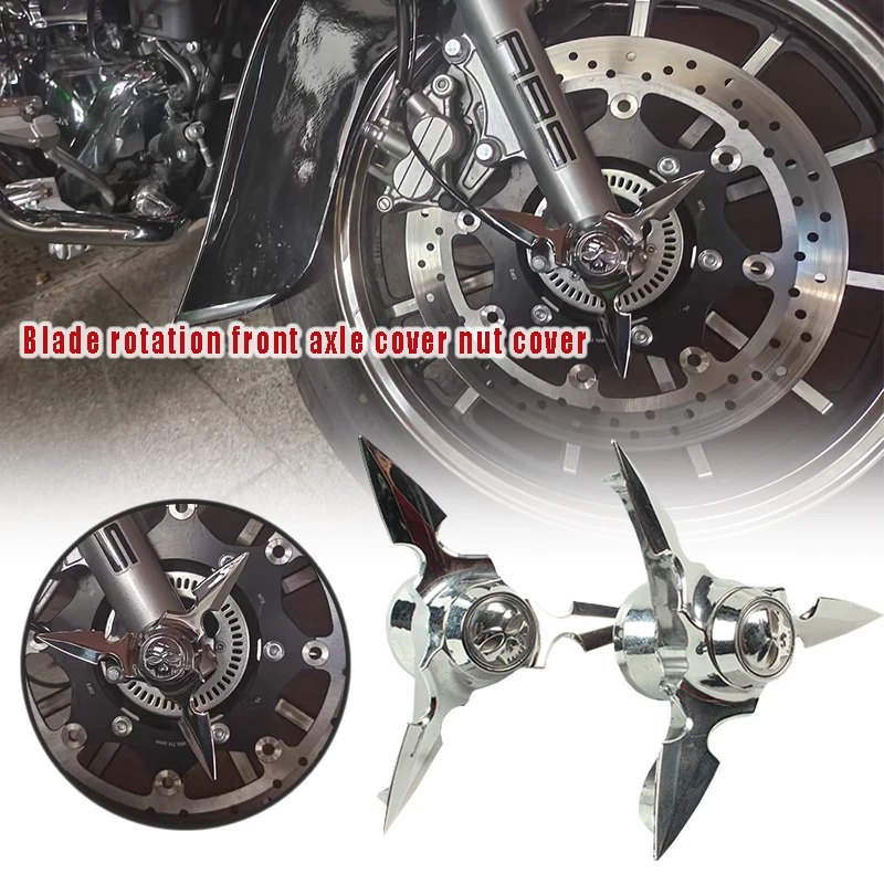 Chrome Skull Spun Blade Spinning Front Axle Cap Nut Cover for Harley Touring FXDC FLHTK Softail Motorcycle