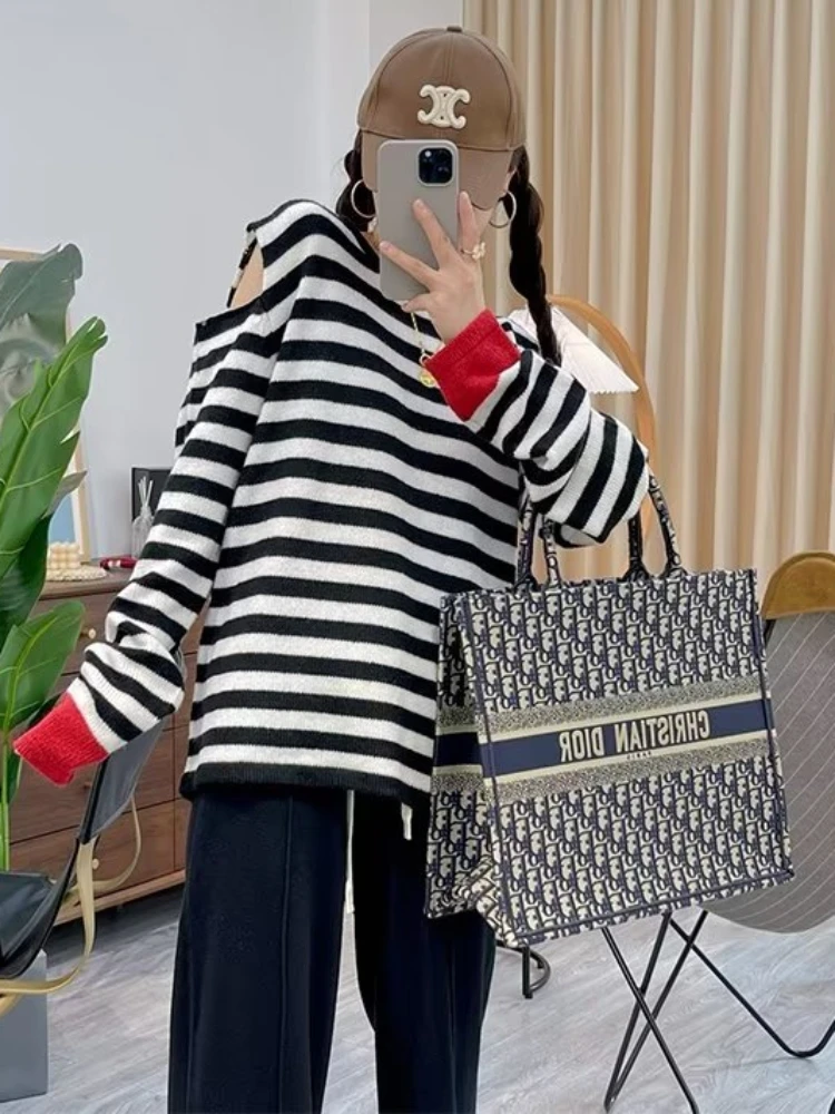 Striped Sweaters Women Hollow Out Panelled Loose Stretchy Elegant Daily Simple European Style Retro Fashion Leisure Streetwear