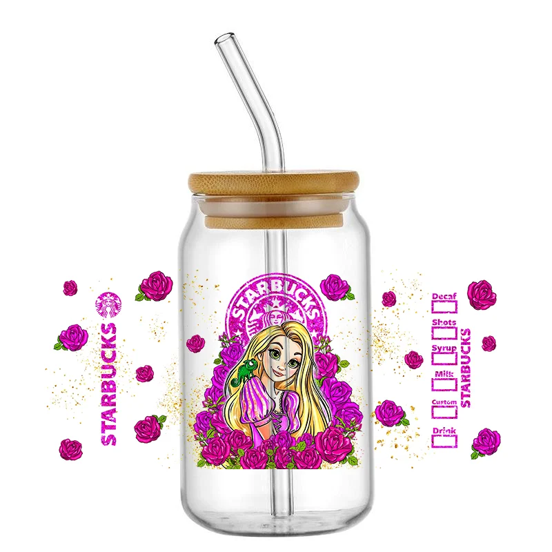 UV DTF Transfer 3D Sticker Disney Princess Series Prints involucri completi per vetro Libbey da 16 once può sublimazione fai da te impermeabile