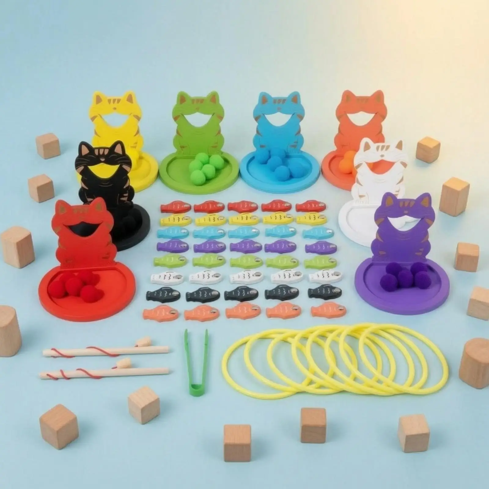 Cat-Themed Fishing and Loop-Toss Toy Educational Fishing Game with Poles Colorful Tree Toss for Young Children, Young Children,