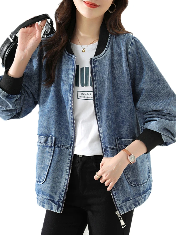 

High-End Loose Baseball Jaet Denim Outerwear Top Women's Premium Tailored Long Sve Zipper round Ne Commute Sle