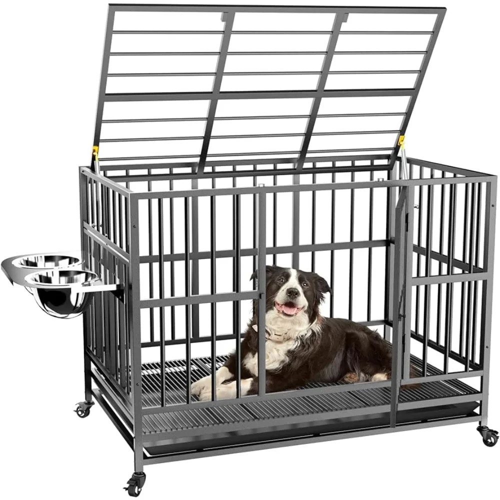 

Heavy Duty Dog Crate with Unique Air Lift Rod Wheels 360° Adjustable 2 Bowls Pet Supplies Indoor Dog Fence Puppy House Products