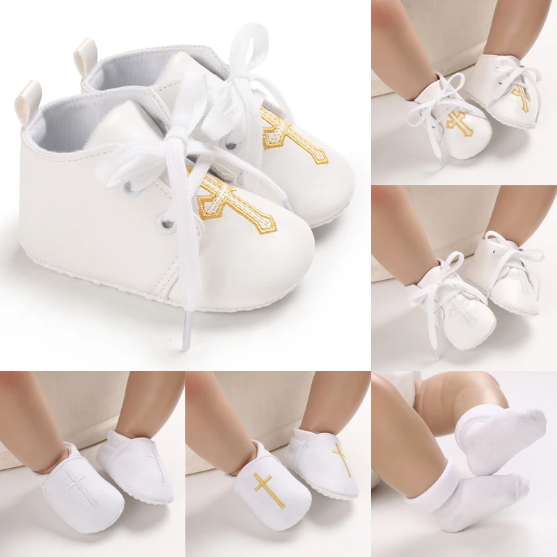 Newborn Baby Shoes Comfortable Breathable Cross Embroidered Baptism Shoes Boy and Girl Non Slip Cloth Soled First Walking Shoes