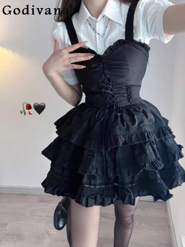 

Симпатичная белая рубашка большого размера с отложным воротником и короткими рукавами для девочек, черные комплекты платьев трапециевидной формы с оборками на шнуровке для торта и подтяжках