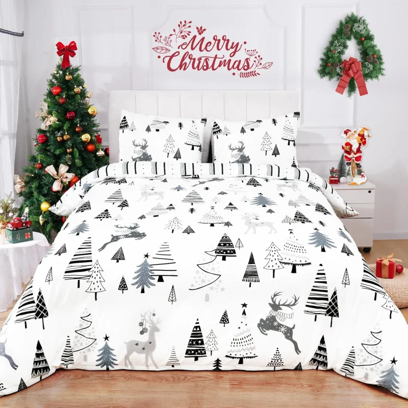 

Merry Christmas Big Bed Quilt Cover Happy New Year Farmhouse Decoration (1 Quilt Cover, 2 Pillowcases, No Quilt)